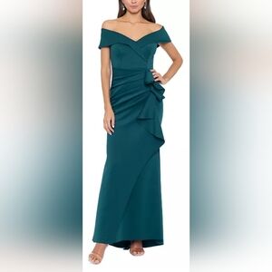 XSCAPE Long Scuba Off The Shoulder Gown 4581X NWT Size 16 Hunter Green